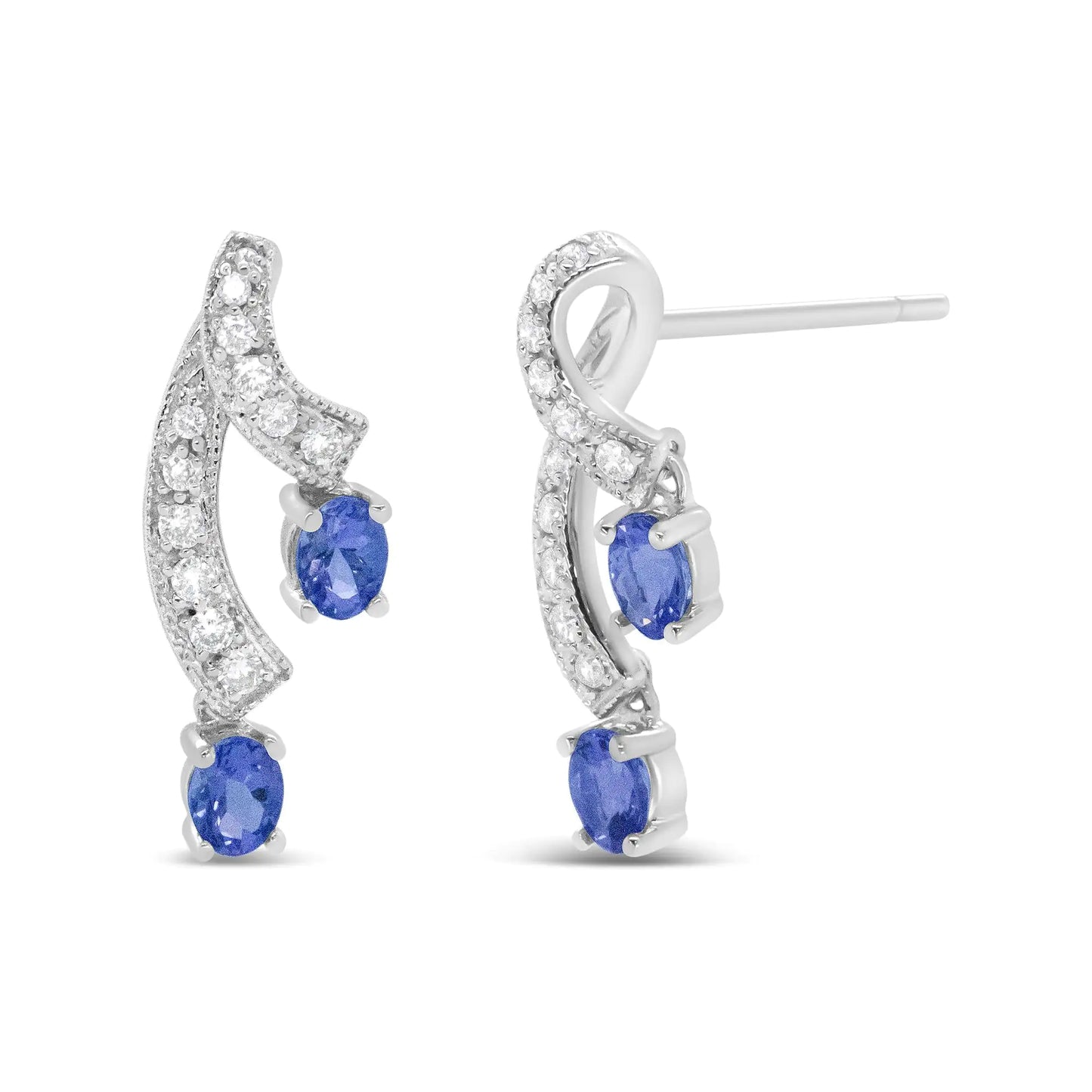 14K White Gold 4x3MM Oval Shaped Natural Blue Tanzanite Gemstone and 1/5 Cttw Diamond Double 3/4" Inch Drop Stud Earrings (H-I Color, VS1-VS2 Clarity)