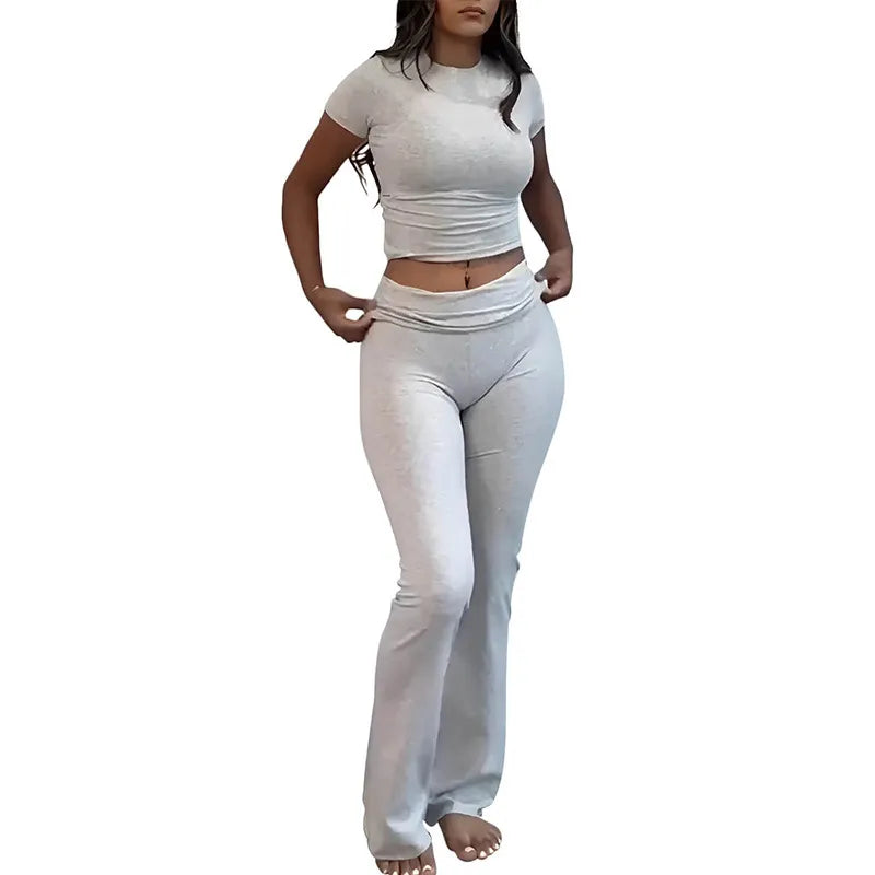 Casual Workout Round Neck Top Low Waist Bell-bottom Pants Sportswear Suit