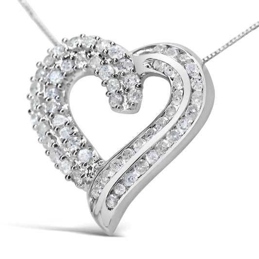 .925 Sterling Silver 1.0 Cttw Prong & Channel-Set Diamond Open work Ribbon Heart Pendant 18" Necklace (I-J Color, I3 Clarity)