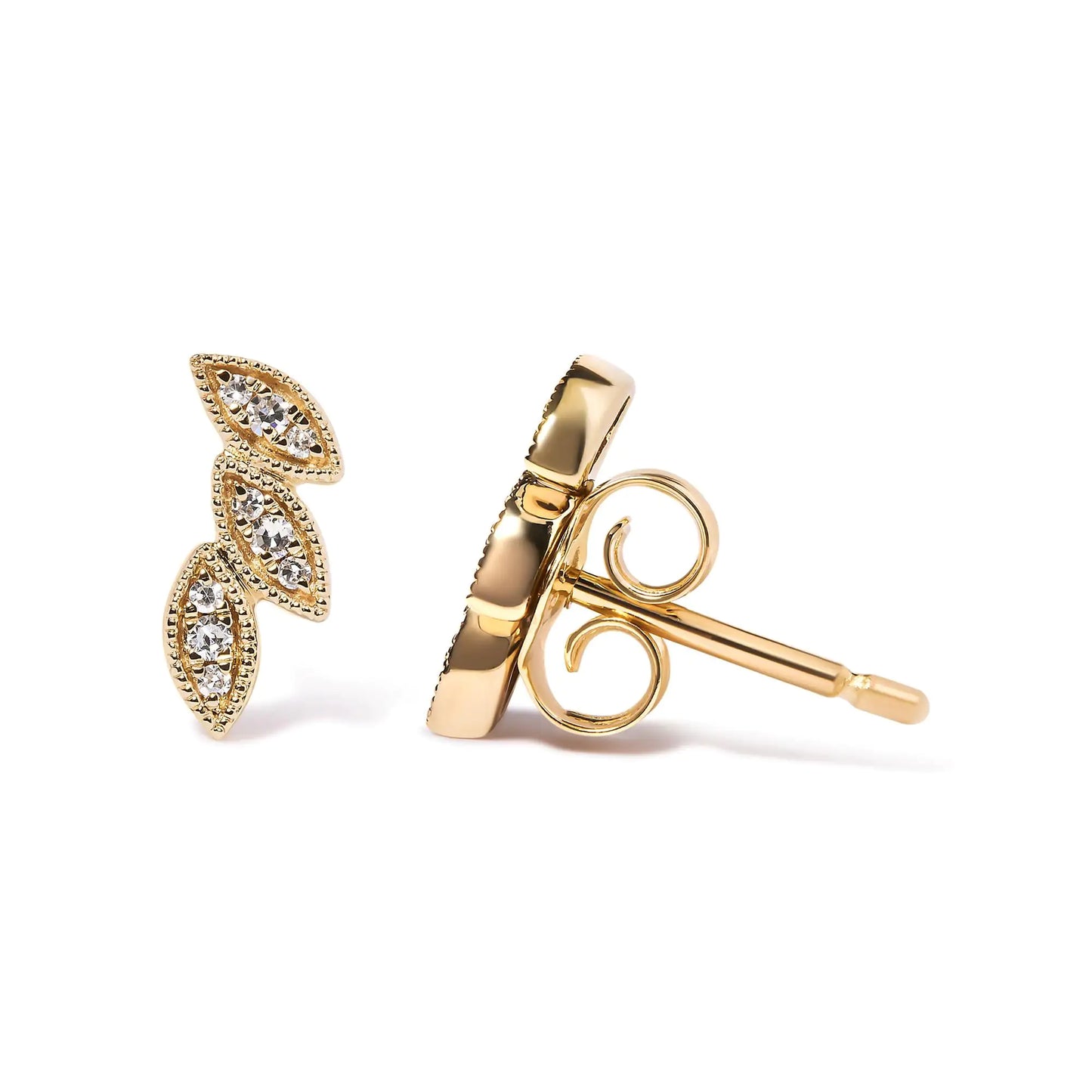 10K Yellow Gold 1/10 Cttw Diamond Triple Leaf Stud Earring (H-I Color, I1-I2 Clarity)