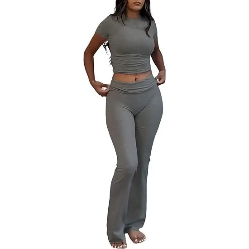 Casual Workout Round Neck Top Low Waist Bell-bottom Pants Sportswear Suit