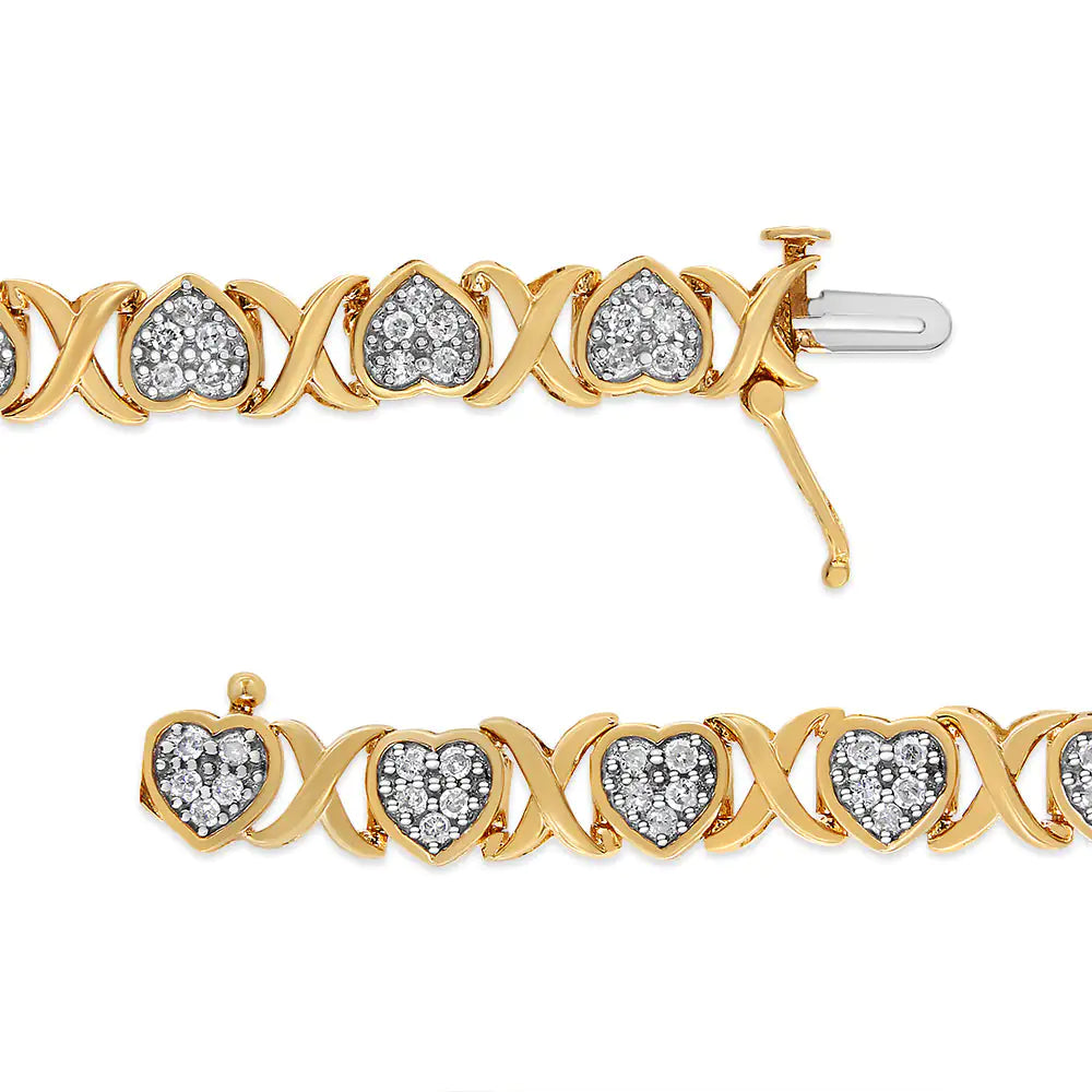 14KY Yellow Gold Plated .925 Sterling Silver 1.00 Cttw Diamond Heart and X Link Bracelet (I-J Color, I3 Clarity) - 7.25" Inches