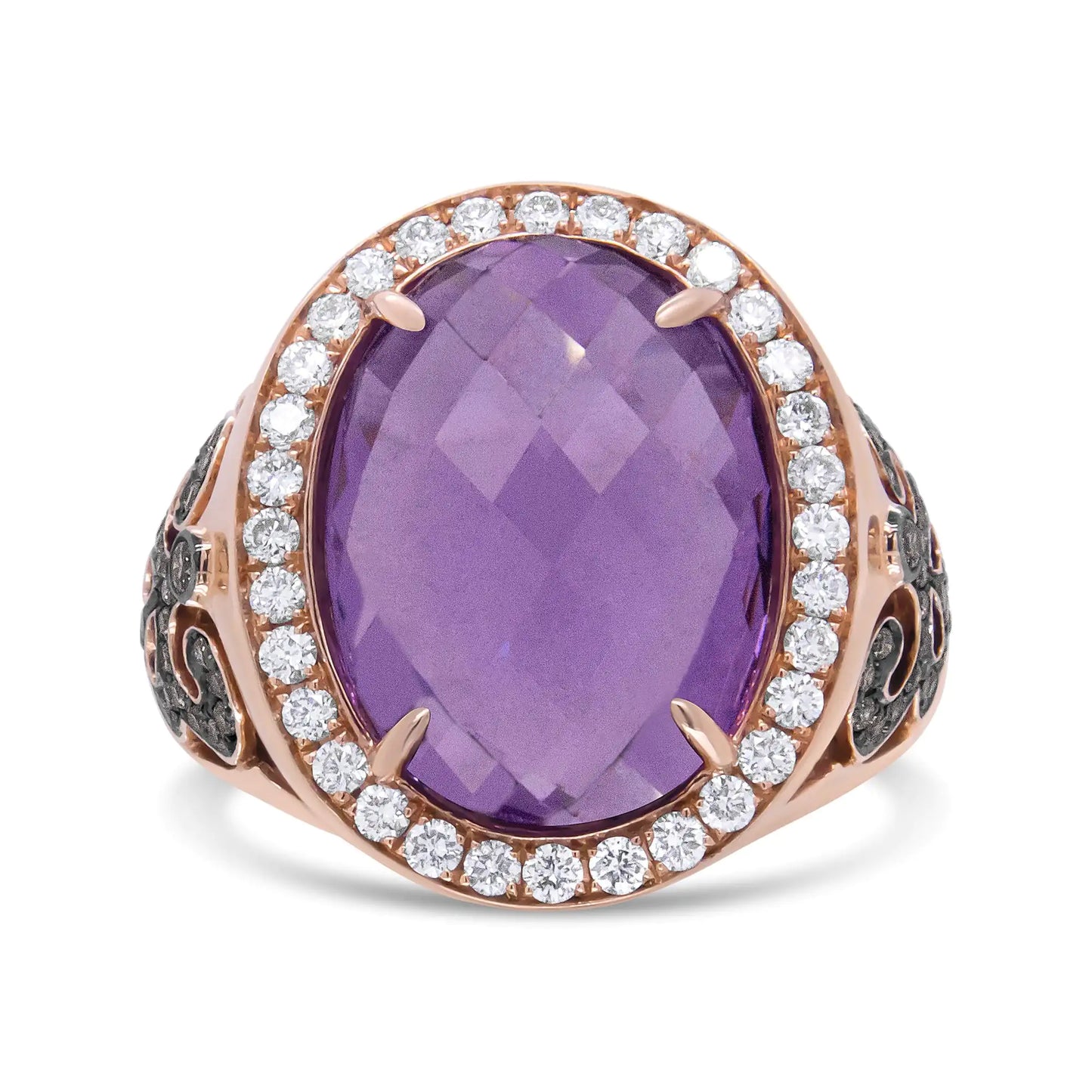 18K Rose Gold 18x13 MM Oval Cut Purplse Amethyst and 1.00 Cttw Diamond Cocktail Ring (Champagne and F-G Color, VS1-VS2 Clarity)