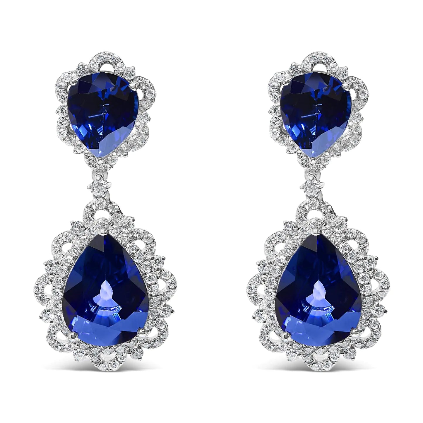 18K White Gold Blue Sapphire and Diamond 2.00 Cttw Diamond Halo Drop and Dangle Earring (G-H Color, SI1-SI2 Clarity)