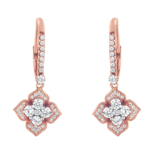 10K Rose Gold 3/4 Cttw Diamond Flower Drop Dangle Earring (I-J Color, I1-I2 Clarity)