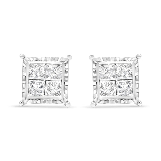 14K White Gold 1 1/2 Cttw Invisible Set Princess-Cut Diamond Contemporary Wavy Quad Stud Earrings (I-J Color, I1-I2 Clarity)