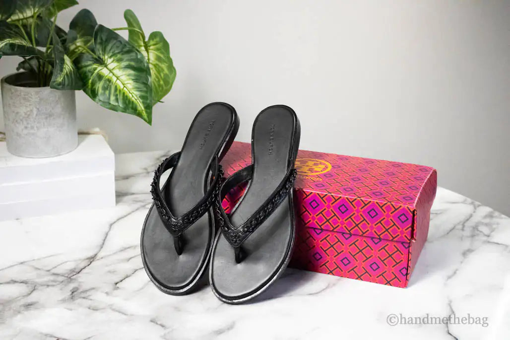 Tory Burch Everly Black Leather Chain Flip Flop Sandals