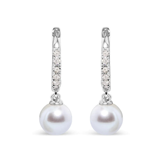 10K White Gold 6x6 MM Cultured Freshwater Pearl and Diamond Accent Drop Huggy Earring (H-I Color, I1-I2 Clarity)