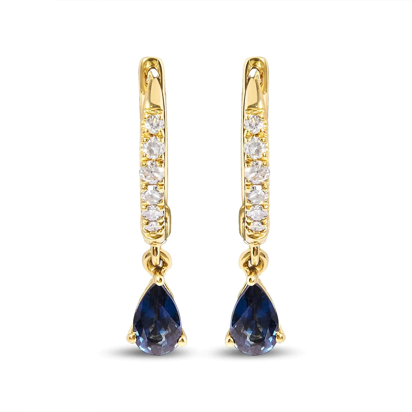 10K Yellow Gold Pear Blue Sapphire and 1/10 Cttw Diamond Drop and Dangle Huggy Hoop Earrings (H-I Color, I1-I2 Clarity)