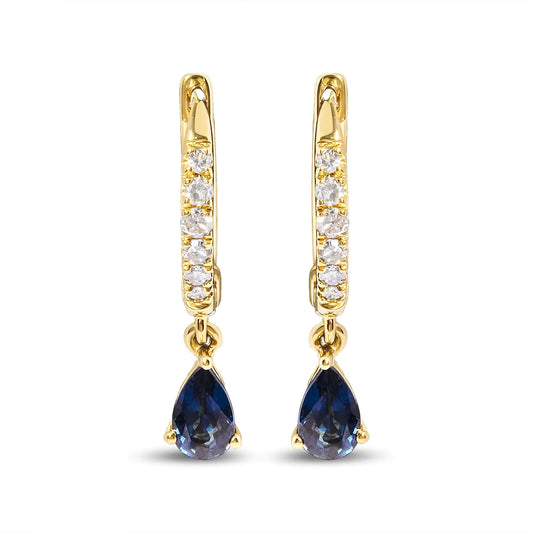 10K Yellow Gold Pear Blue Sapphire and 1/10 Cttw Diamond Drop and Dangle Huggy Hoop Earrings (H-I Color, I1-I2 Clarity)