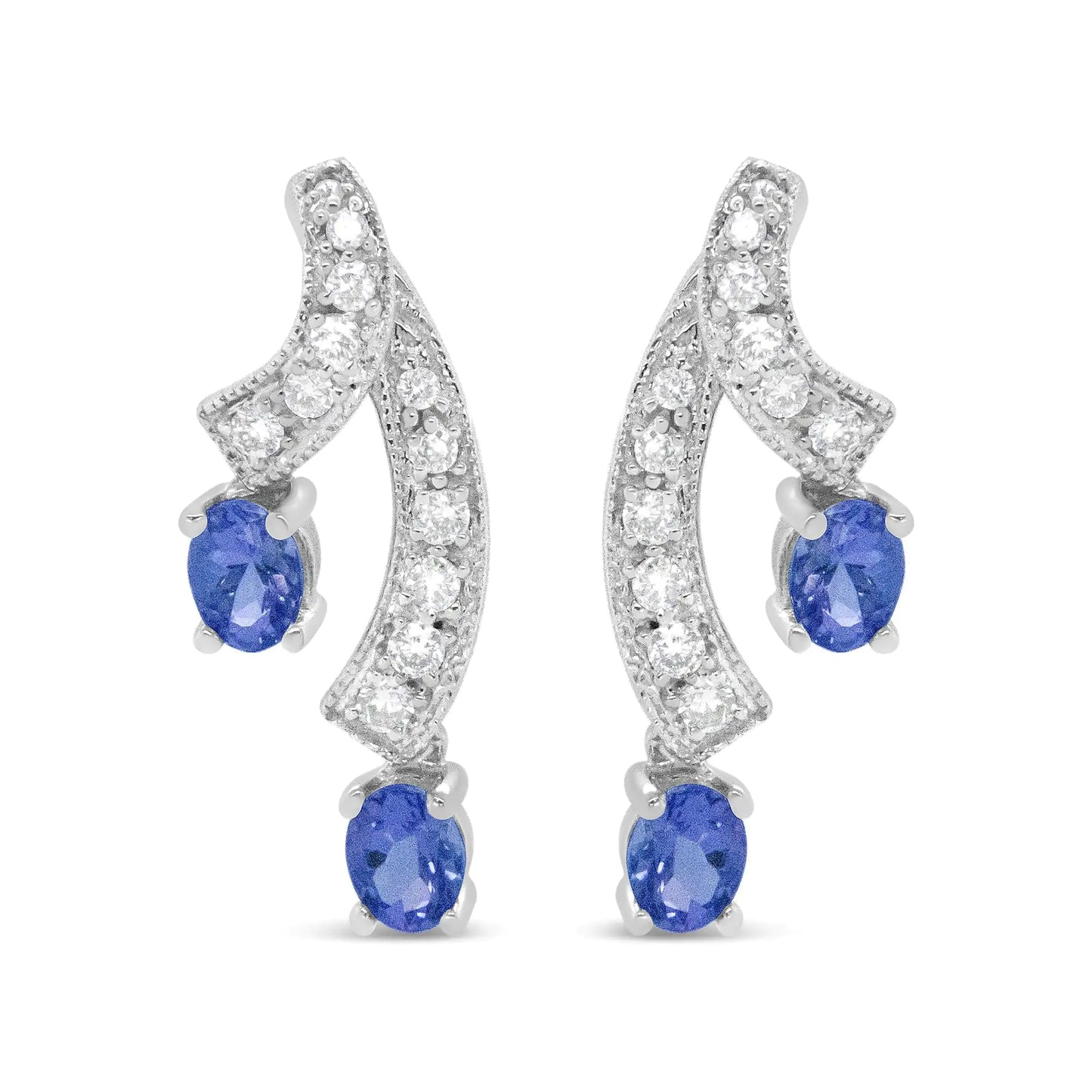 14K White Gold 4x3MM Oval Shaped Natural Blue Tanzanite Gemstone and 1/5 Cttw Diamond Double 3/4" Inch Drop Stud Earrings (H-I Color, VS1-VS2 Clarity)