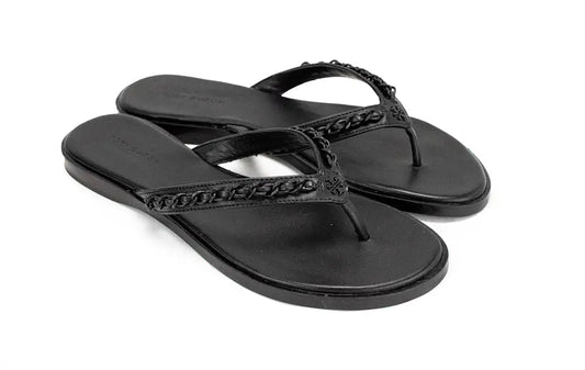 Tory Burch Everly Black Leather Chain Flip Flop Sandals