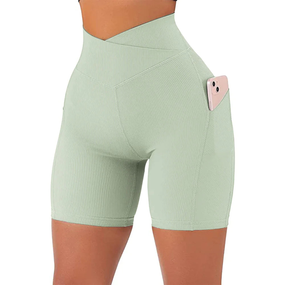 High Waist Cross Workout Shorts with Side Pockets for Women