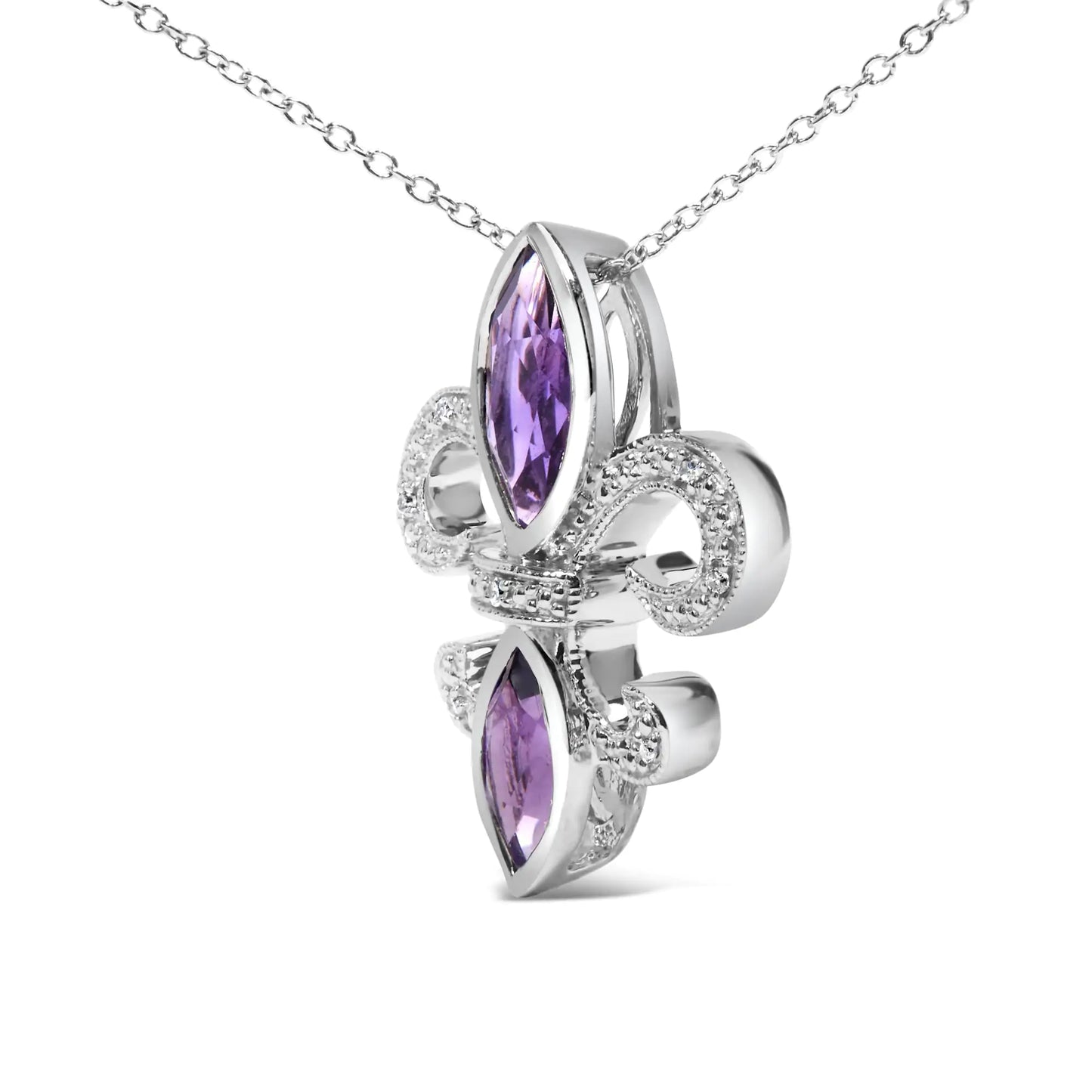 .925 Sterling Silver Purple Amethyst Marquise and Diamond Accent Fleur De Lis Pendant Necklace (H-I Color, SI1-SI2 Clarity) - Size 18"