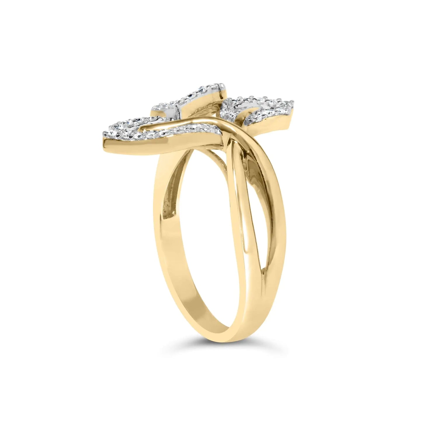 18K Yellow Gold Plated .925 Sterling Silver 1/2 Cttw Baguette and Round Diamond Bypass Triple Leaf Ring (I-J Color, I1-I2 Clarity)