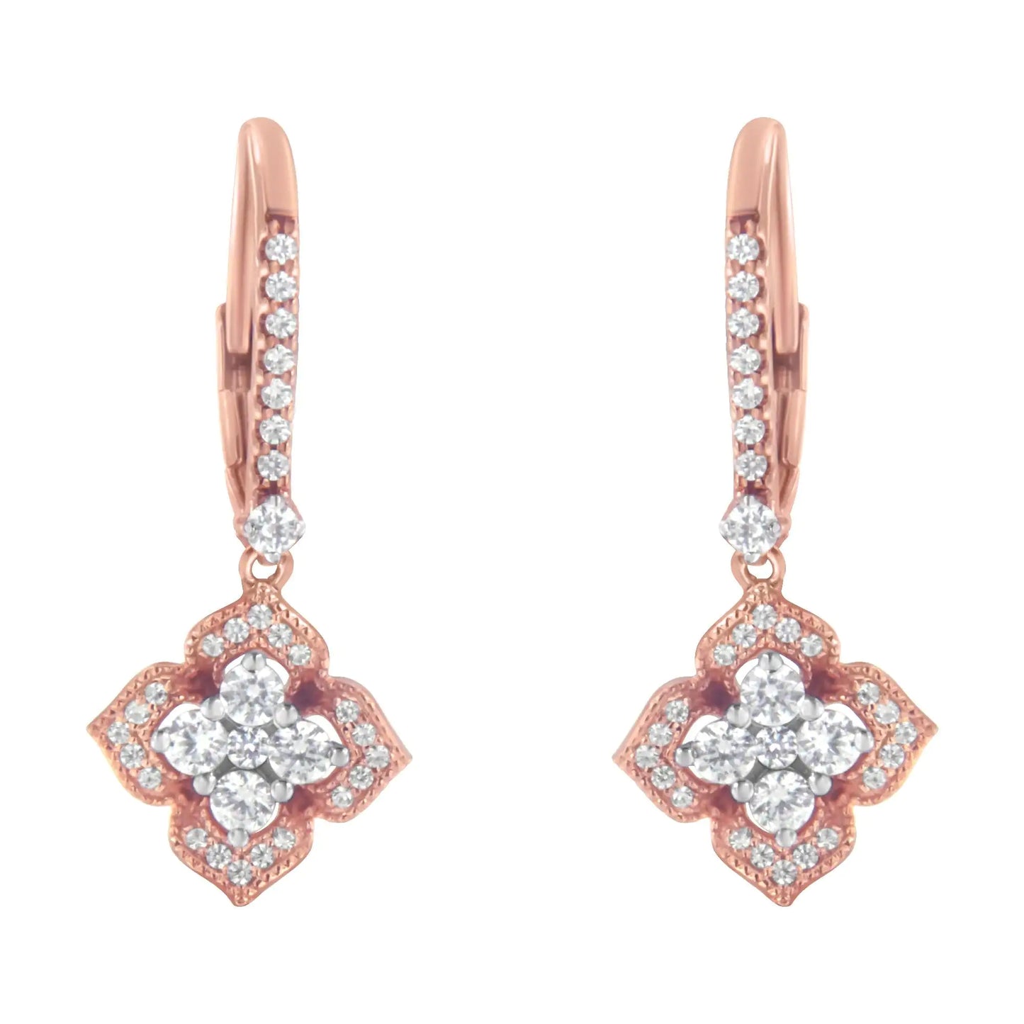 10K Rose Gold 3/4 Cttw Diamond Flower Drop Dangle Earring (I-J Color, I1-I2 Clarity)