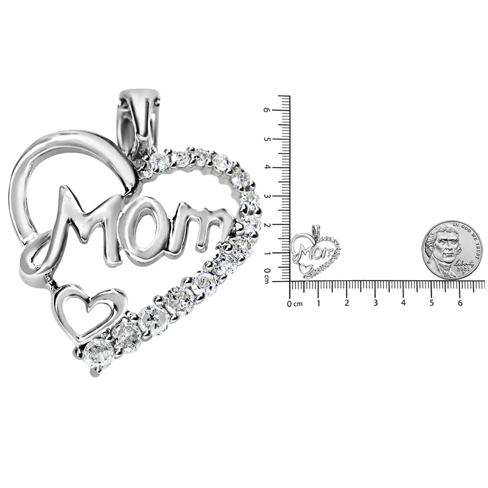 .925 Sterling Silver 1/4 Cttw Round Diamond "Mom" Heart Pendant 18" Necklace (I-J Color, I3 Clarity)