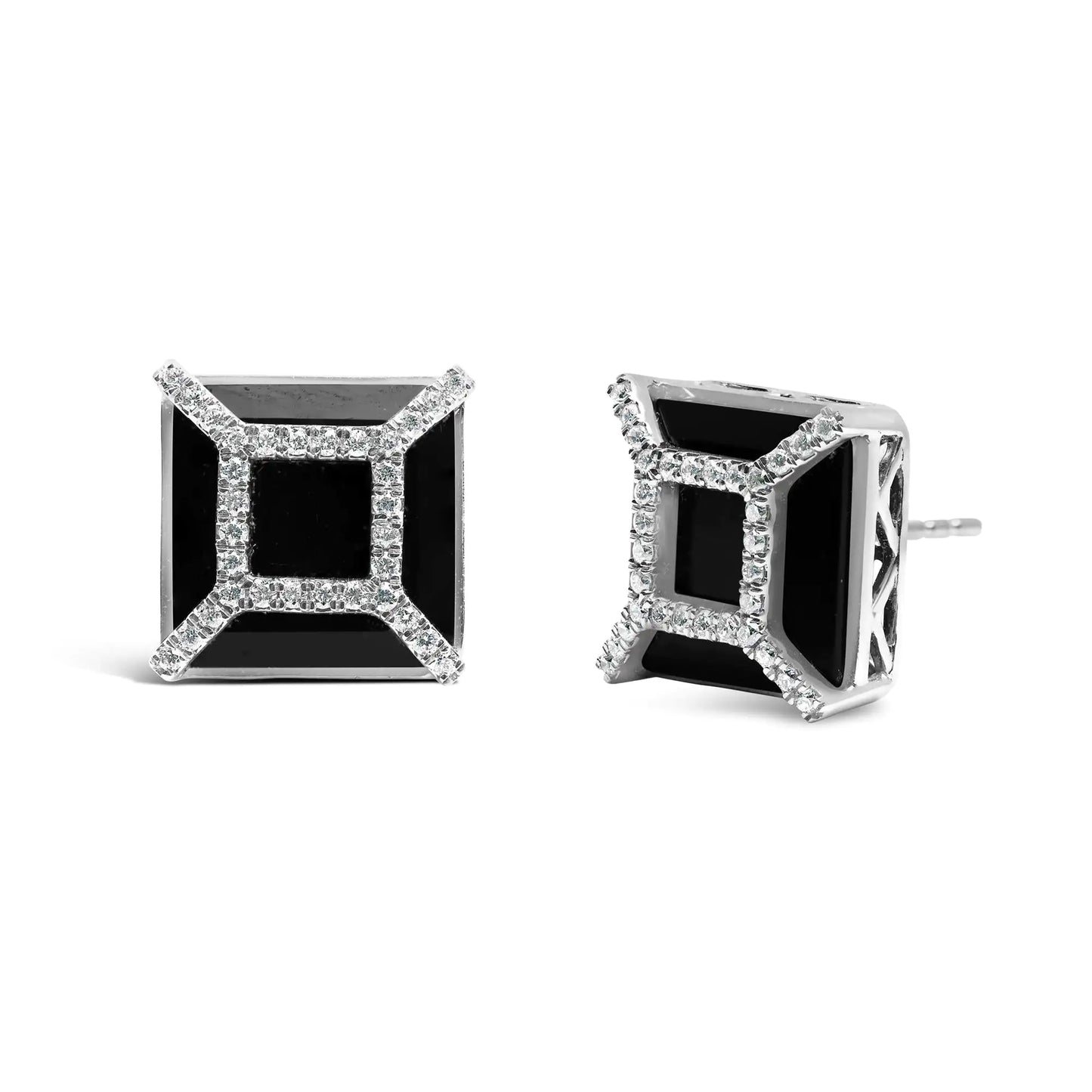 14K White Gold 3/8ct Diamond with 11x11MM Black Onyx Stud Earrings (G-H Color, SI1-SI2 Clarity)