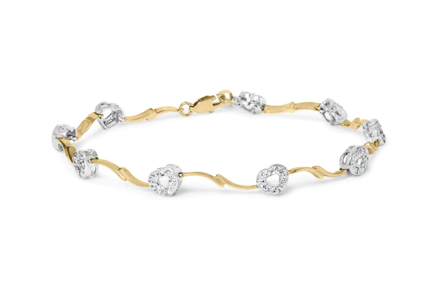 10k Two-Tone Gold 1/3 Cttw Diamond Pave Set Heart S-Link 7.25" Bracelet (I-J Color, I2-I3 Clarity)