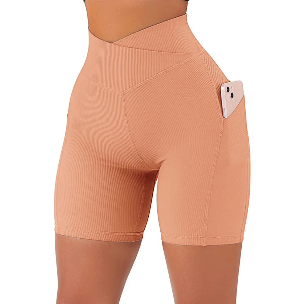 High Waist Cross Workout Shorts with Side Pockets for Women