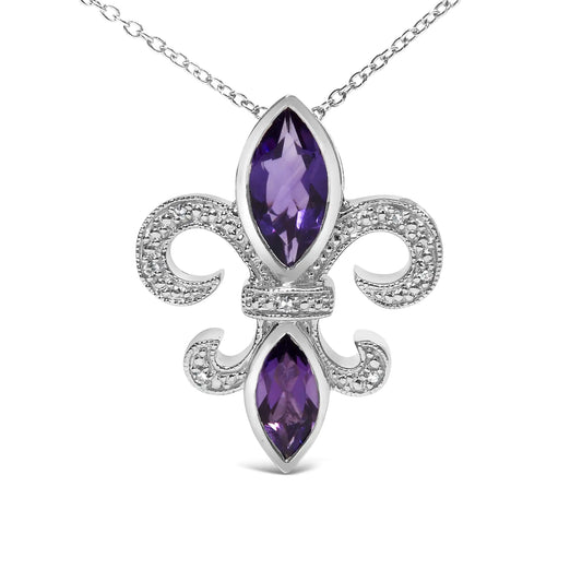 .925 Sterling Silver Purple Amethyst Marquise and Diamond Accent Fleur De Lis Pendant Necklace (H-I Color, SI1-SI2 Clarity) - Size 18"