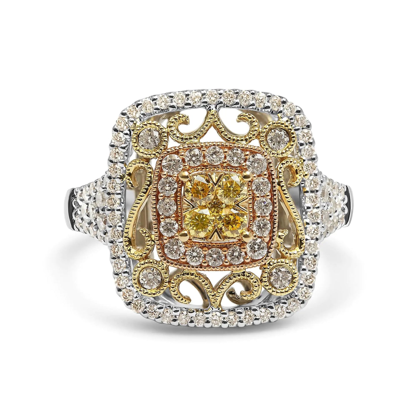 14K Tri-Toned Gold 1.00 Cttw Yellow Diamond Halo and Milgrain Cocktail Cluster Ring (Yellow/G-H Color, SI1-SI2 Clarity) - Ring Size 7