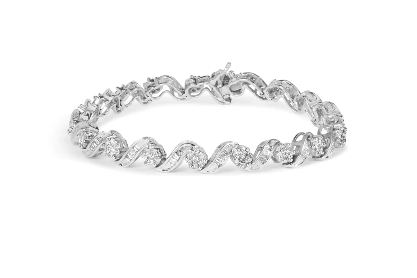 14K White Gold 2.00 Cttw Diamond Cluster and Spiral Link Bracelet (I-J Color, I1-I2 Clarity) - 7"