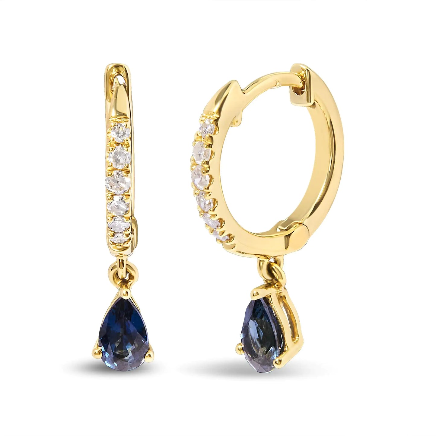 10K Yellow Gold Pear Blue Sapphire and 1/10 Cttw Diamond Drop and Dangle Huggy Hoop Earrings (H-I Color, I1-I2 Clarity)