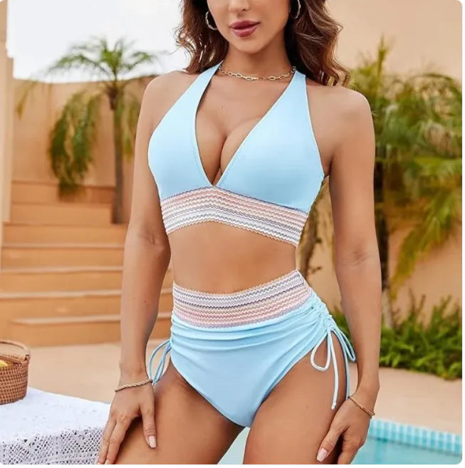 High-Waist Color Block Bikini Set with Drawstring Detail