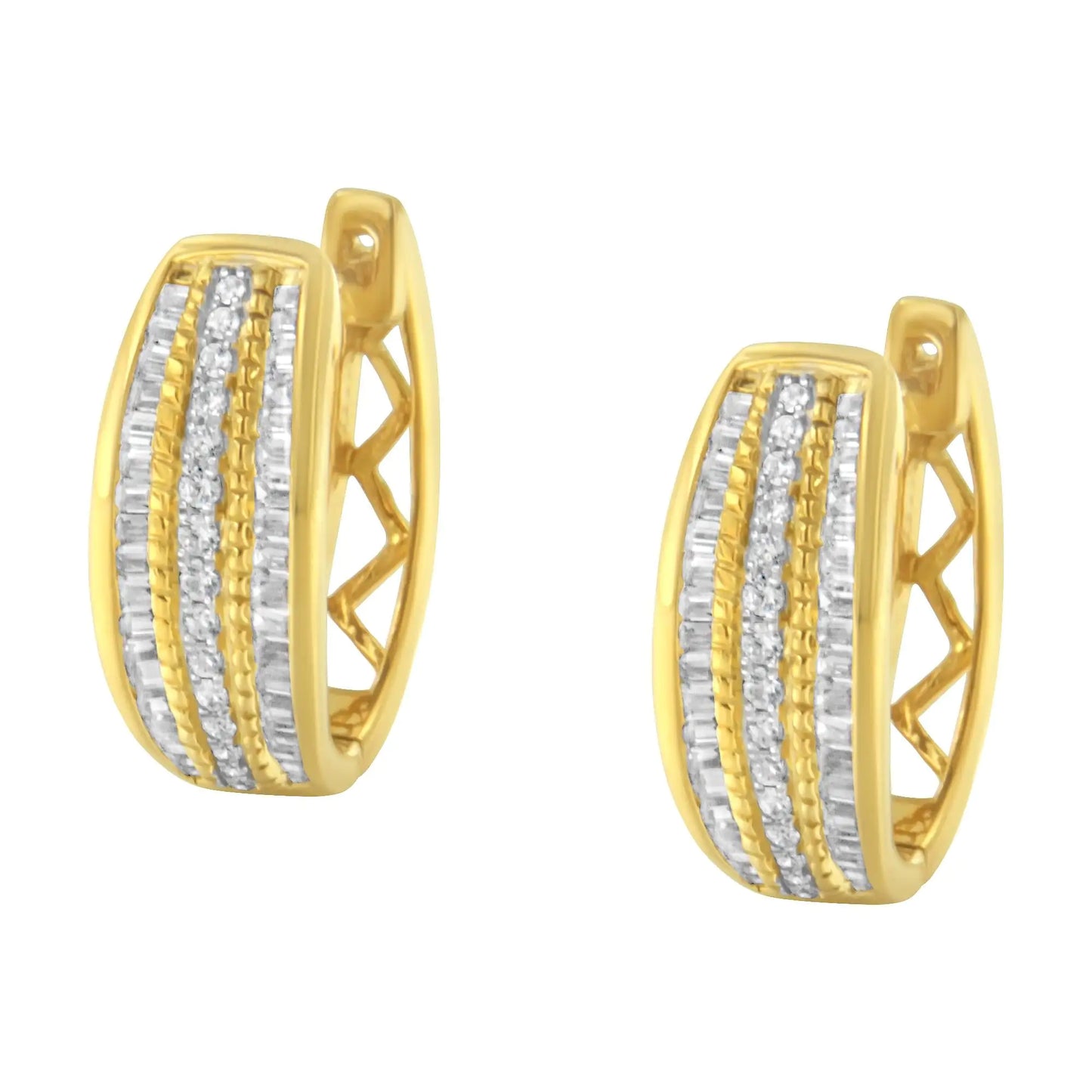 10K Yellow Gold 3/4 Cttw Pave and Channel Set Diamond Triple Row Modern Hoop Earrings (I-J Color, I2-I3 Clarity)