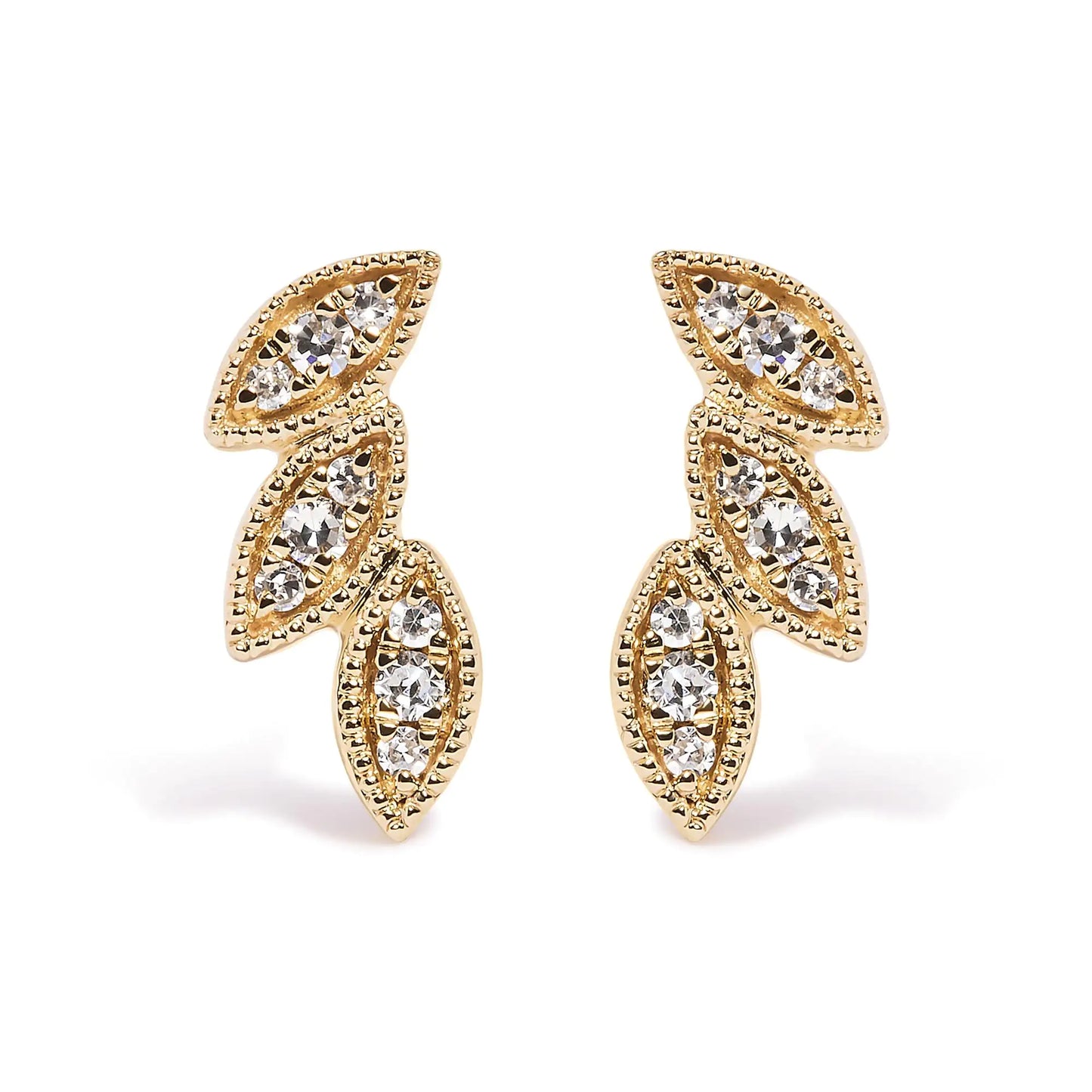 10K Yellow Gold 1/10 Cttw Diamond Triple Leaf Stud Earring (H-I Color, I1-I2 Clarity)