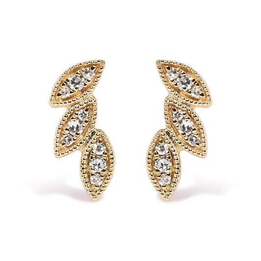 10K Yellow Gold 1/10 Cttw Diamond Triple Leaf Stud Earring (H-I Color, I1-I2 Clarity)