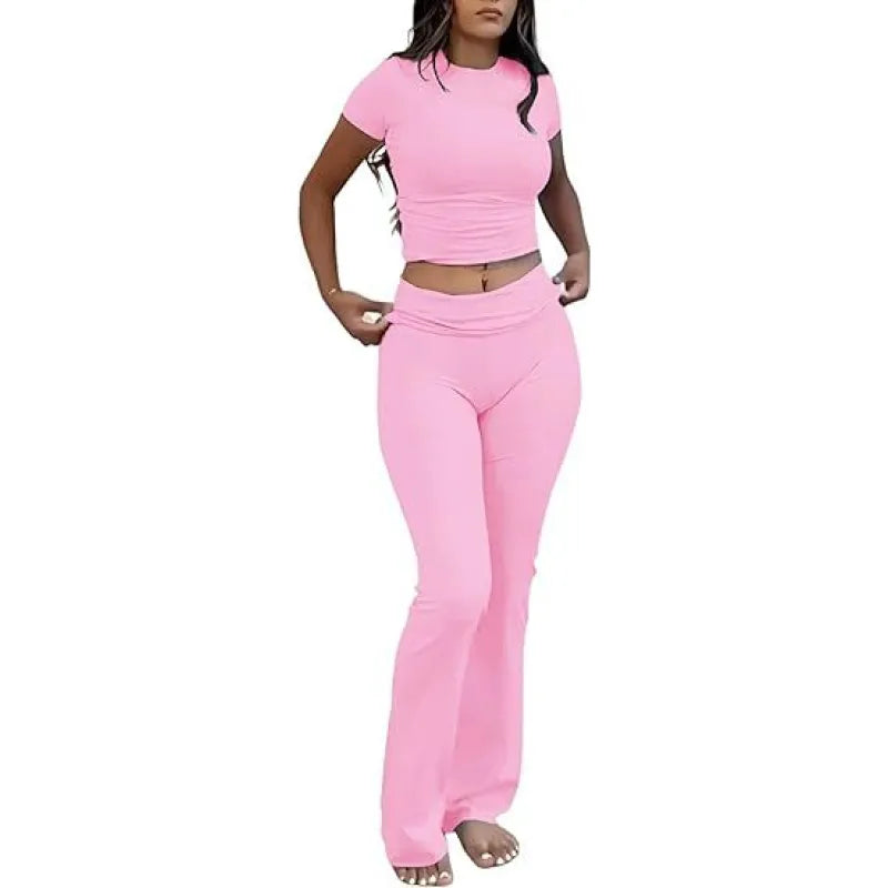 Casual Workout Round Neck Top Low Waist Bell-bottom Pants Sportswear Suit