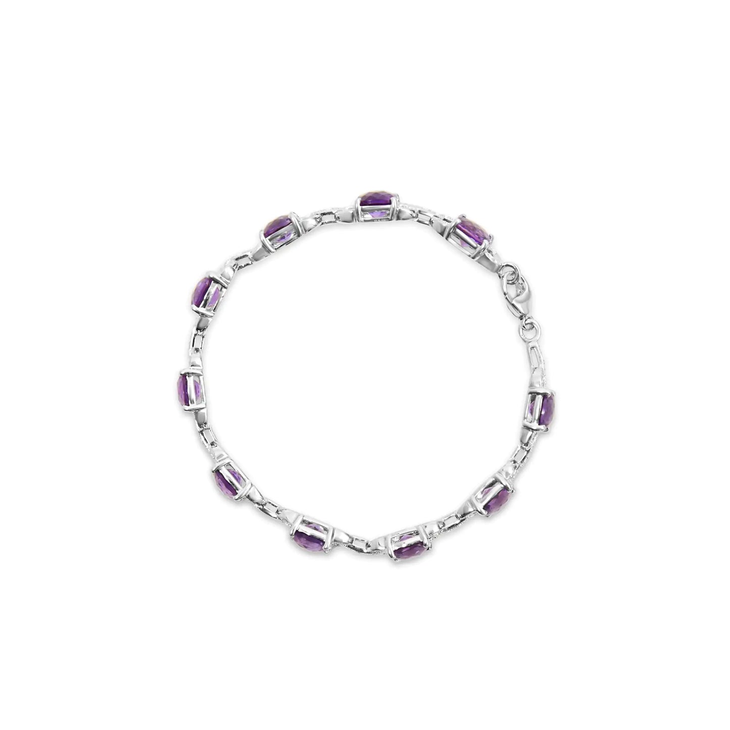 .925 Sterling Silver 7mm Cushion Cut Amethyst Gemstone and Diamond Tennis Link Bracelet (I-J Color, I1-I2 Clarity) - Size 7"