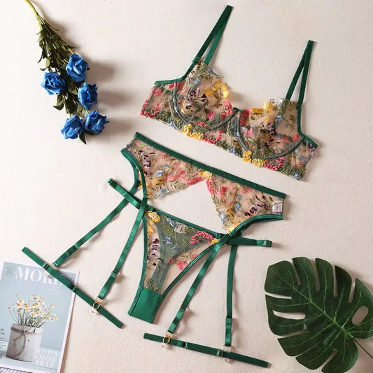 Transparent Bra Floral Embroidery Underwear