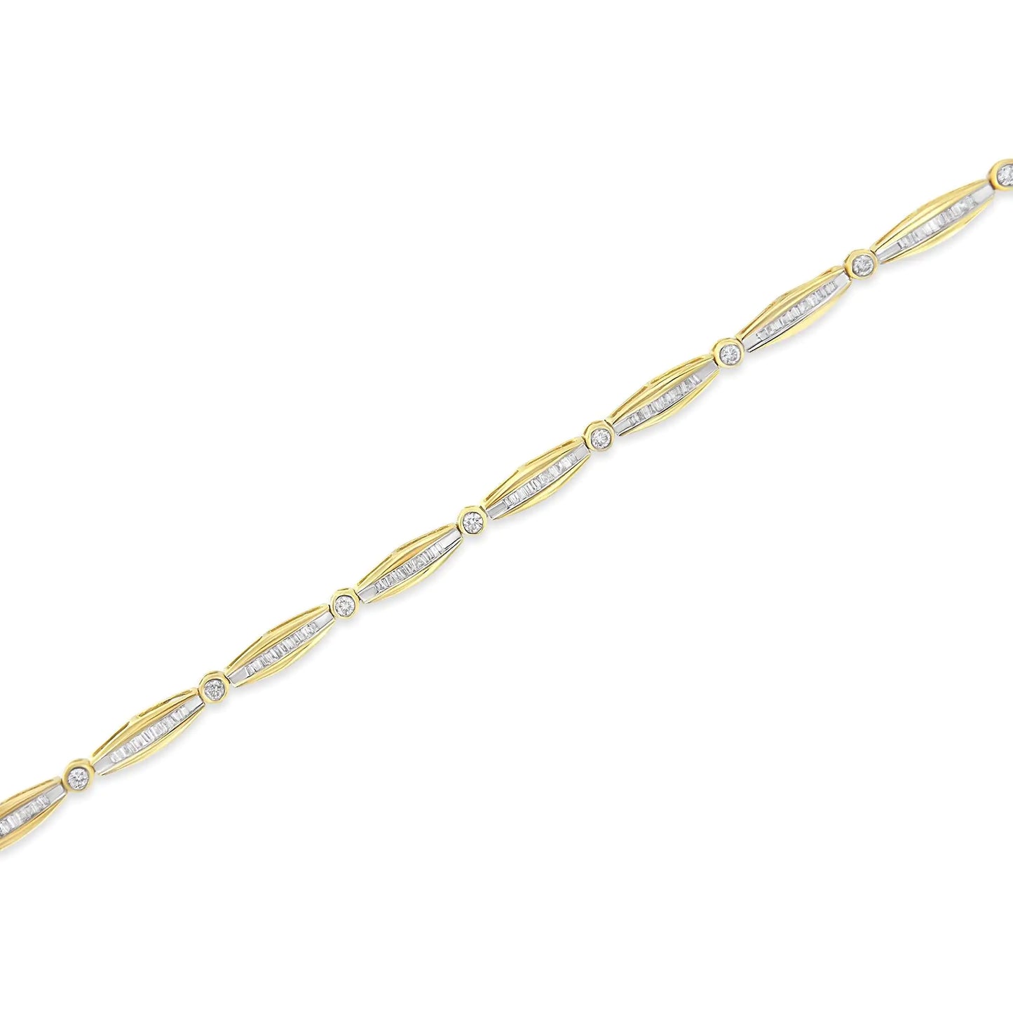 14K Yellow Gold 1-1/2 Cttw Round Brilliant-Cut & Baguette Cut Diamond Bezel and Tapered Link 7" Tennis Bracelet (H-I Color, I1-I2 Clarity)