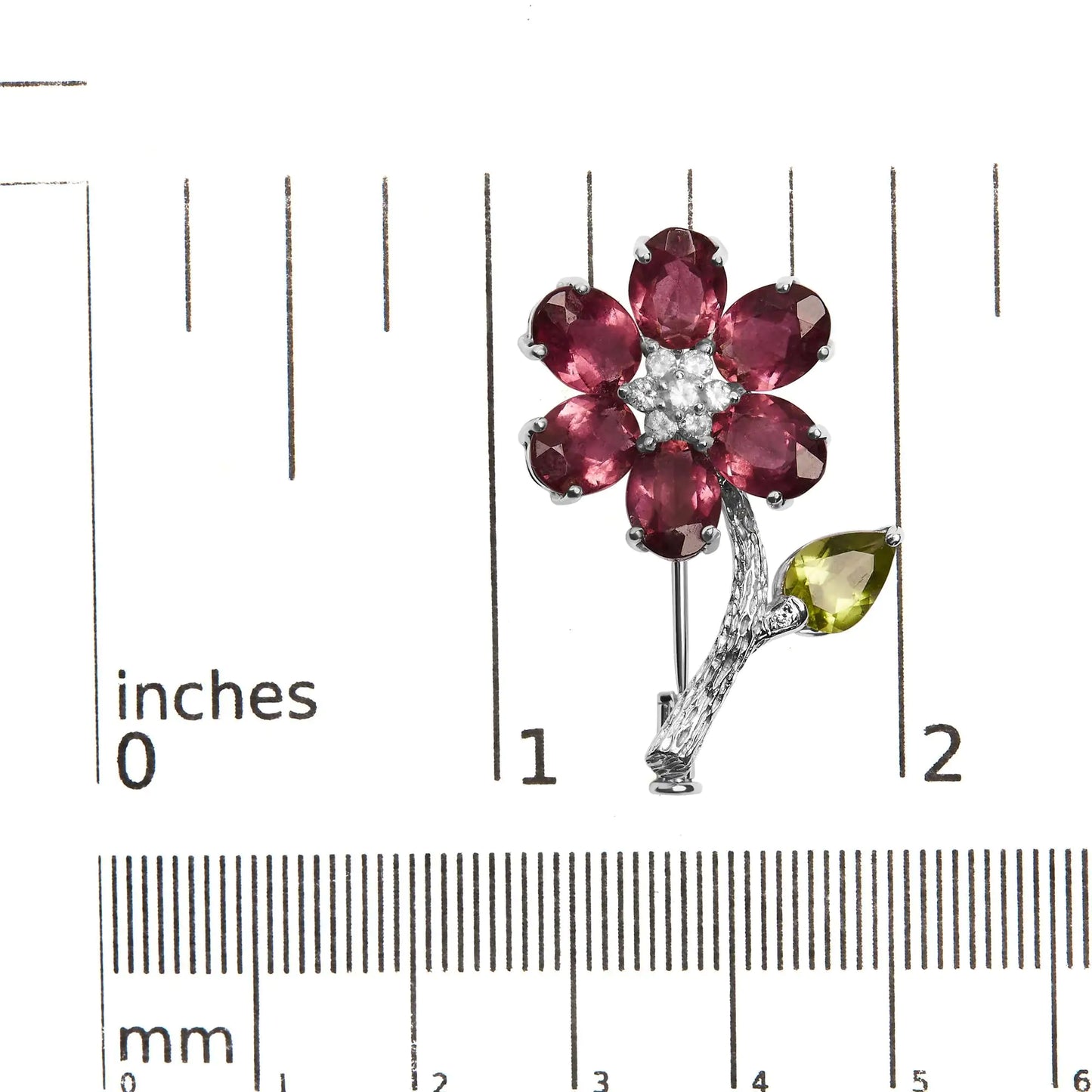 18K White Gold 1/3 Cttw Diamond, Pink Tourmaline, and Green Peridot Flower and Leaf Tulip Brooch Pin (H-I Color, VS2-SI1)