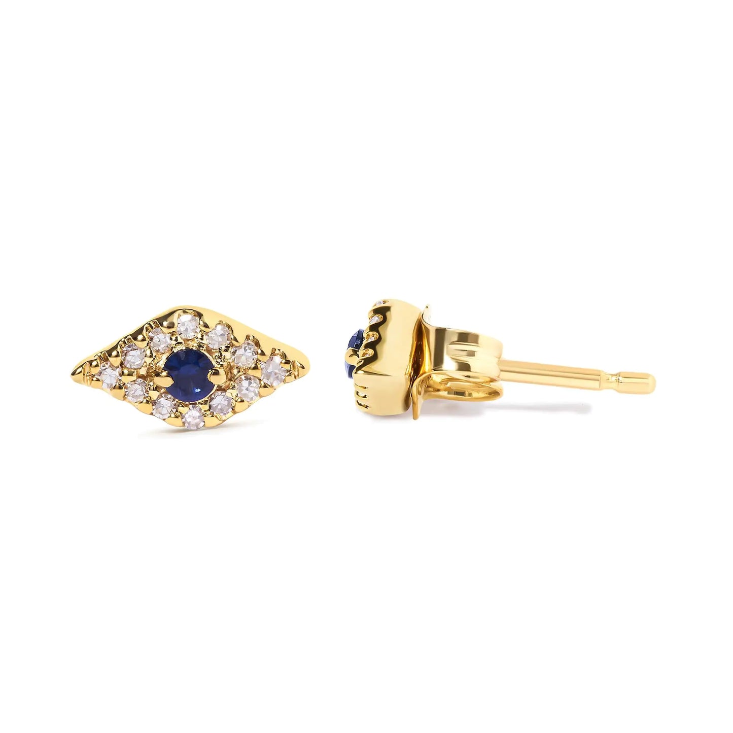 10K Yellow Gold Blue Sapphire and Diamond Accent Evil Eye Stud Earring (H-I Color, I1-I2 Clarity)