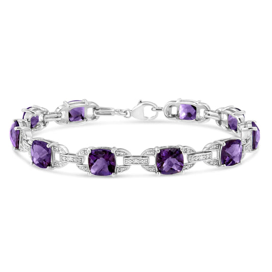 .925 Sterling Silver 7mm Cushion Cut Amethyst Gemstone and Diamond Tennis Link Bracelet (I-J Color, I1-I2 Clarity) - Size 7"