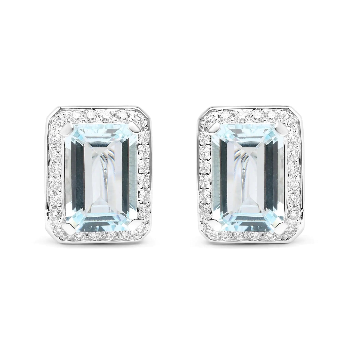 18K White Gold 3/4 Cttw Round Diamond and 13x9mm Emerald Cut Blue Aquamarine Gemstone Halo Omega Stud Earrings (G-H Color, SI1-SI2 Clarity)