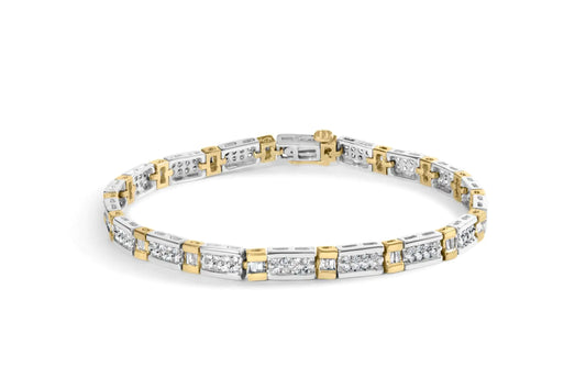 14k Two-Tone 2.00 Cttw Round-Cut and Baguette-Cut Diamond Bar Link 7" Bracelet (I-J Color, SI2-I1 Clarity)