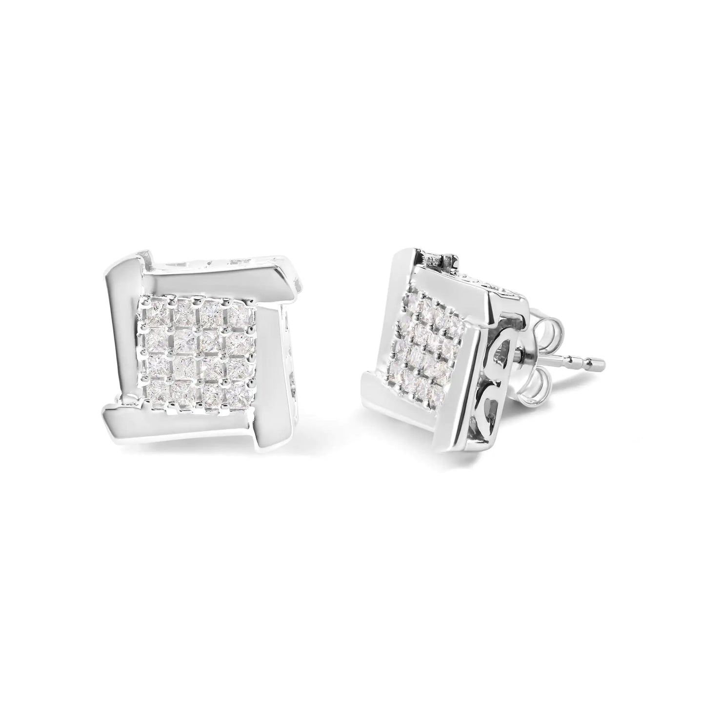 10K White Gold 1/2 Cttw Composite  Princess Diamond Square and Swirl Stud Earrings (I-J Color, I1-I2 Clarity)