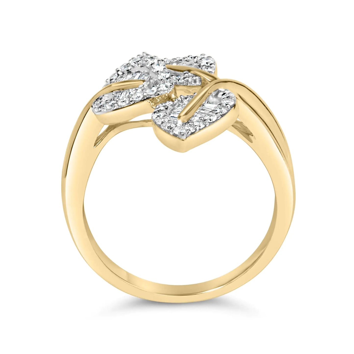 18K Yellow Gold Plated .925 Sterling Silver 1/2 Cttw Baguette and Round Diamond Bypass Triple Leaf Ring (I-J Color, I1-I2 Clarity)