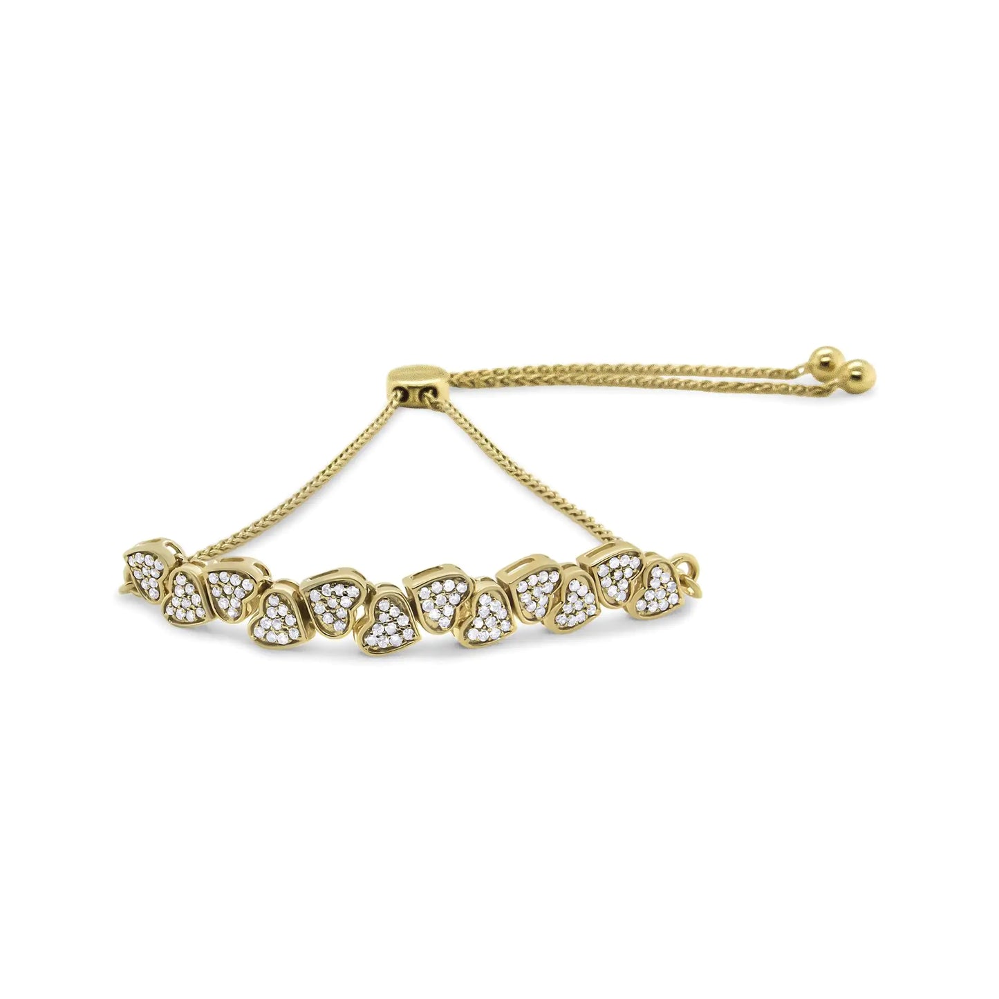 Yellow Gold Plated .925 Sterling Silver 1/2 Cttw Diamond Sideways Hearts Bolo Bracelet (H-I Color, I1-I2 Clarity) - 4”-10” Adjustable