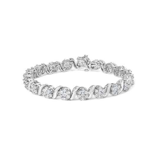 14K White Gold 7 3/8 Cttw Round Brilliant Diamond Floral Cluster and S Link Bracelet (H-I Color, SI2-I1 Clarity) - 7" Inches