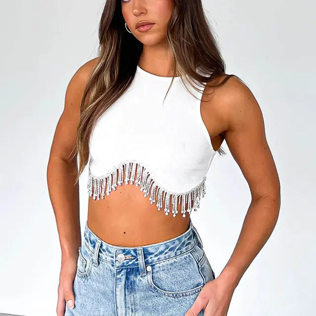 Elegant Rhinestone Tassel Cropped Top