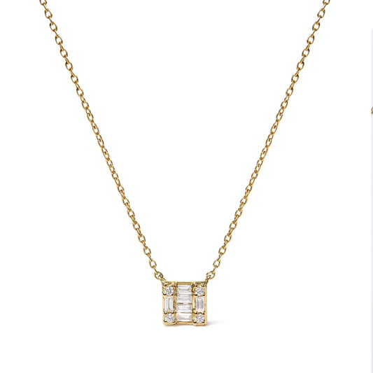 10K Yellow Gold 1/10 Cttw Round and Baguette Diamond Mosaic Composite Square 18" Inch Pendant Necklace (H-I Color, I1-I2 Clarity)