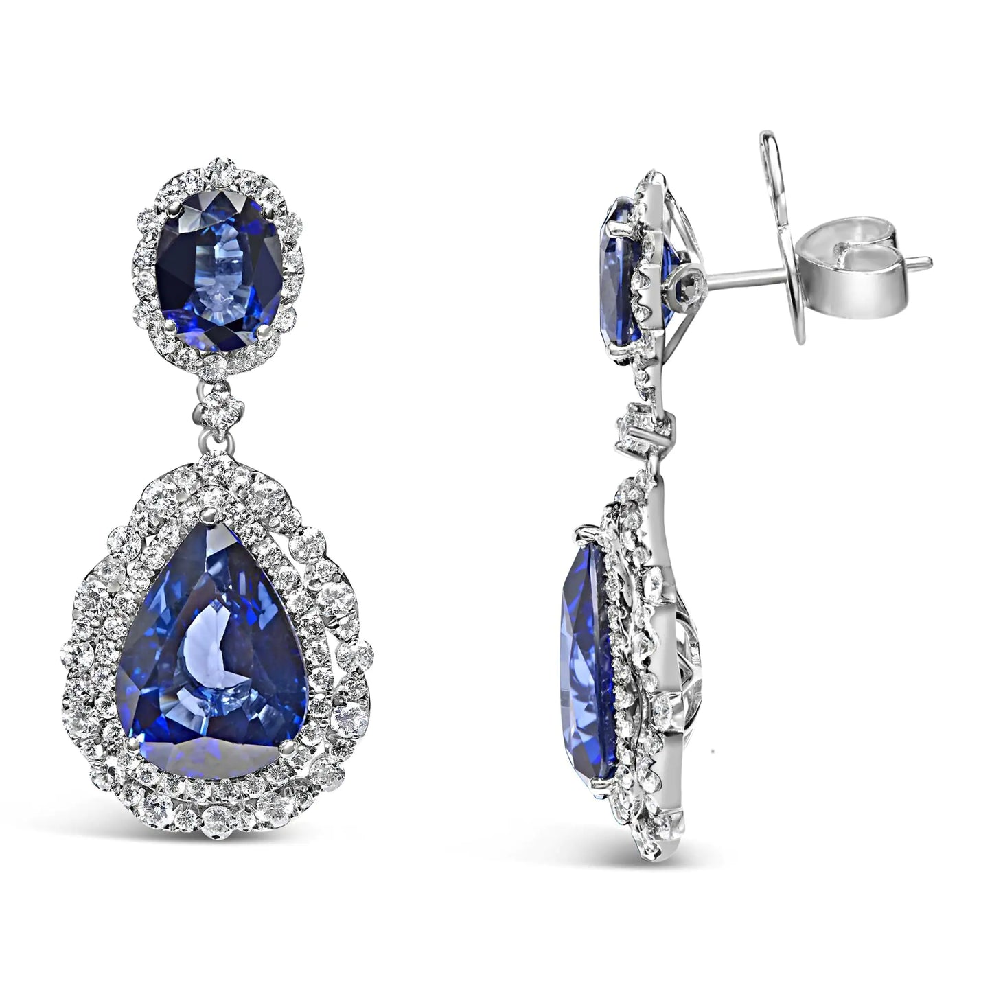 18K White Gold Blue Sapphire 2 3/4 Cttw Diamond Halo Drop Dangle Earring (G-H Color, SI1-SI2 Clarity)