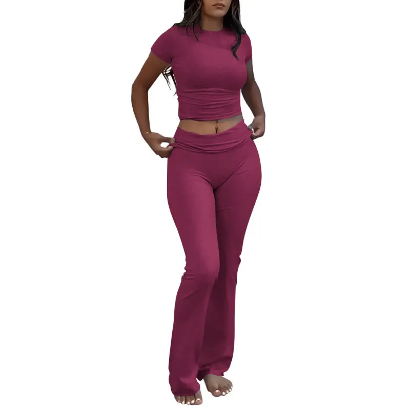 Casual Workout Round Neck Top Low Waist Bell-bottom Pants Sportswear Suit