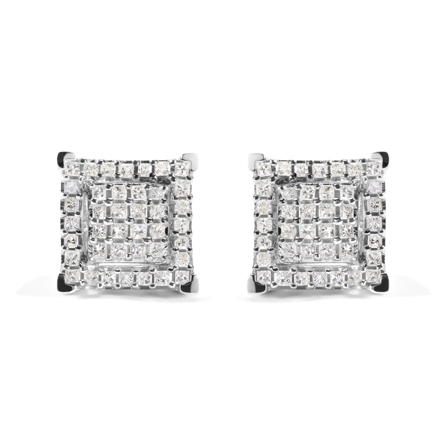 10K White Gold 1 1/4 Cttw Princess Diamond Composite Double Square and Halo Stud Earrings (I-J Color, I1-I2 Clarity)